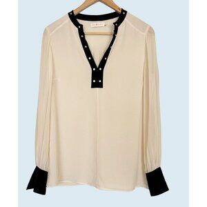 TORY BURCH Off White Cream V Neck Stud Detail Semi Sheer Blouse Sz 4
